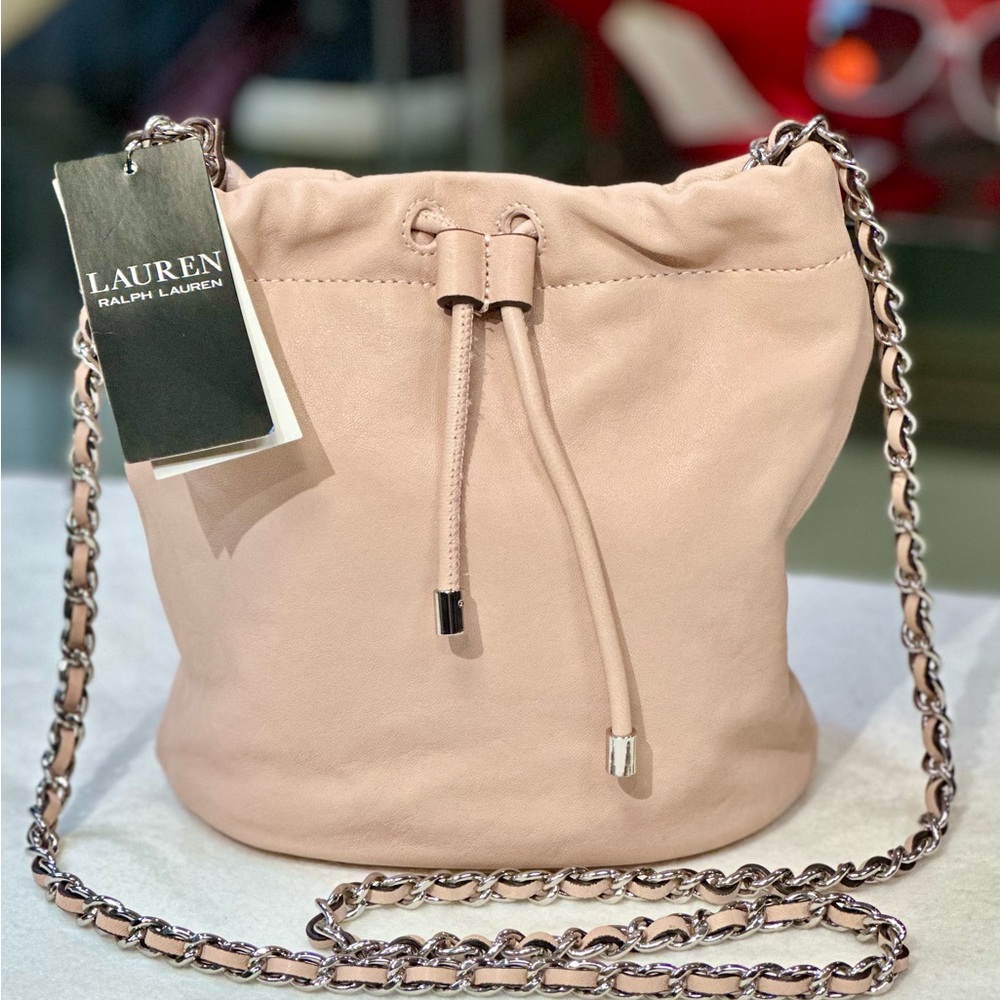 Ralph Lauren Leather Medium Emmy Bucket Chain Shoulder Bag pink